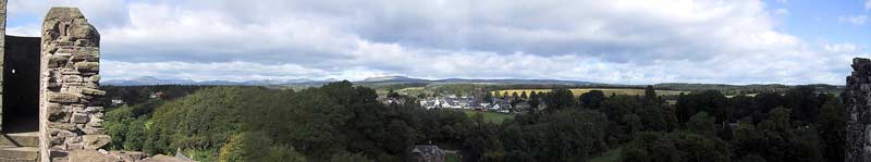 The view from the roof of the castle, with the town of Doune in the distance