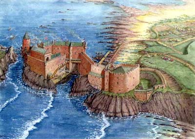 A reconstruction of Dunbar Castle by Andrew Spratt